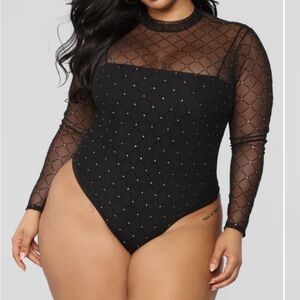 Fashion Nova Black Mesh Bodysuit with Gold Accents